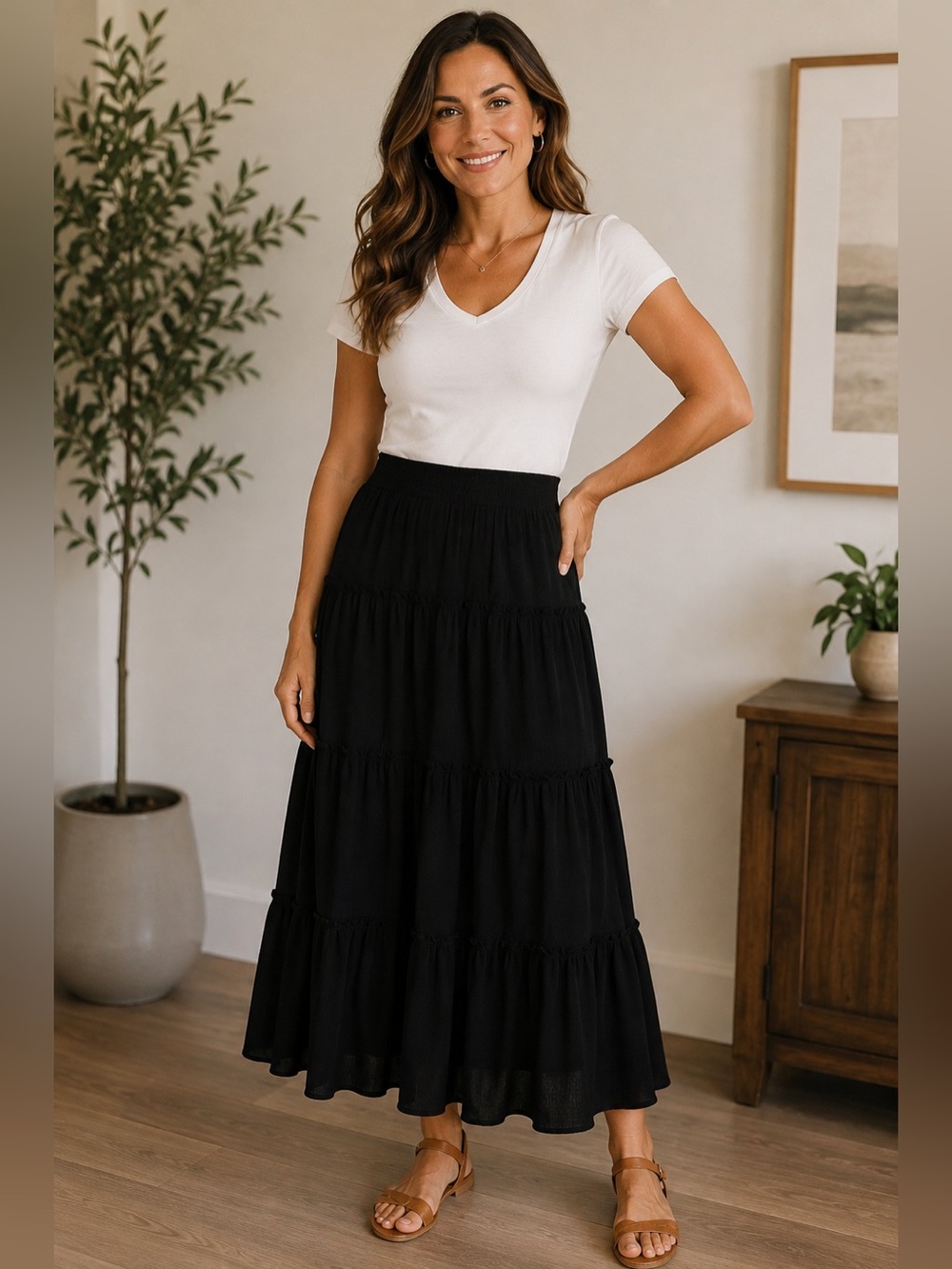 SO Black Tiered Ruffle Maxi Skirt Size Small 3/4 length